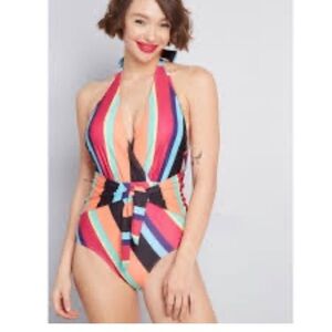 Modcloth swim one piece women L Sleeveless Wrap string multicolor beach vacation